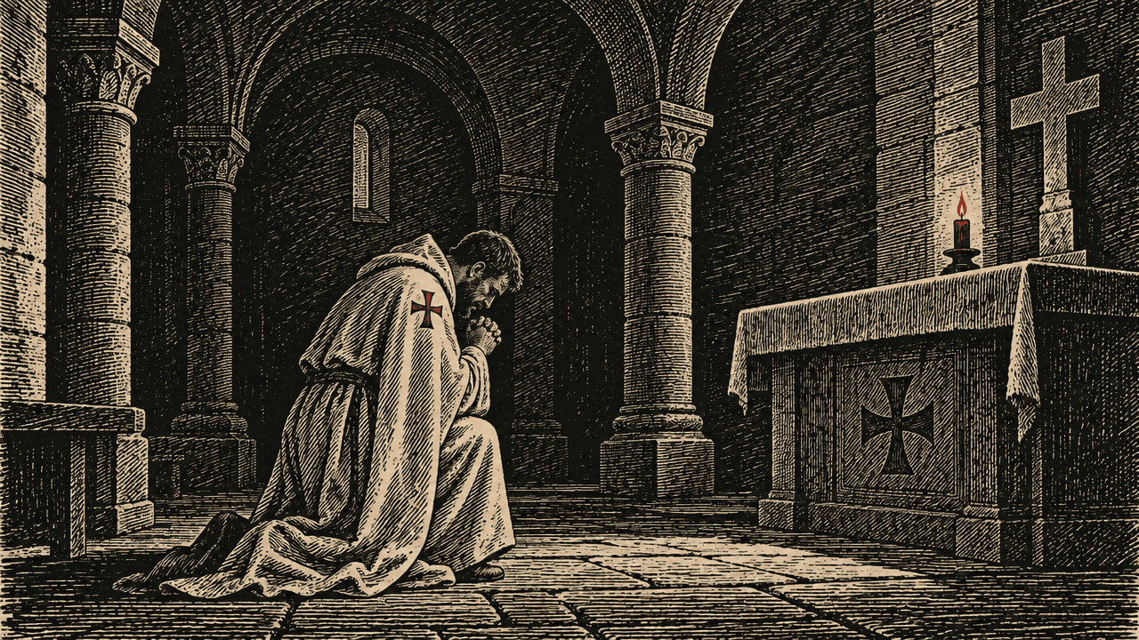Woodcut: a Templar brother in a plain mantle kneels alone in a stone chapel before a single red candle.